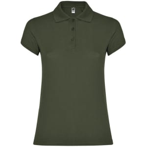 A women's polo shirt in olive green with a collar and three-button placket, featuring a small logo.