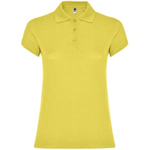 A yellow women's polo shirt featuring a collared design and button placket. It has a logo on the chest.