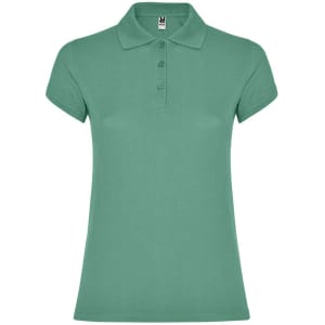 A green women's polo shirt with a classic collar and three buttons, featuring a logo on the label.