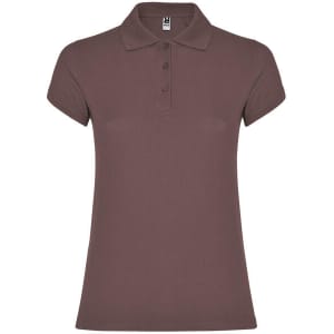 A brown women's polo shirt with a collar and three buttons, featuring a branded label.