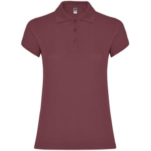 A maroon women's polo shirt featuring a collar and button placket, with a logo on the chest.