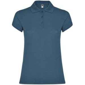A women's polo shirt in a deep blue colour with a collared neckline and short sleeves, featuring buttons and a logo.