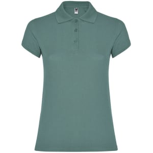 A women's polo shirt in muted green, featuring a classic collar and short sleeves, with a logo on the label.