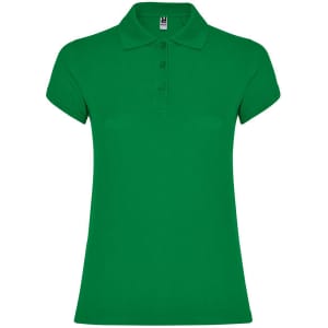 A green women's polo shirt with a collar and short sleeves, featuring a logo.