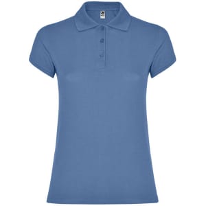 A blue women's polo shirt with a classic collar and short sleeves, featuring a logo on the chest.