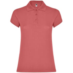 A pink women's polo shirt with a collar and three buttons, featuring short sleeves and a logo.