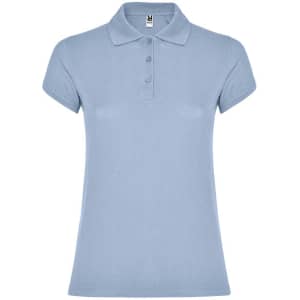 A light blue women's polo shirt with a collar, short sleeves, and three buttons, featuring a logo.