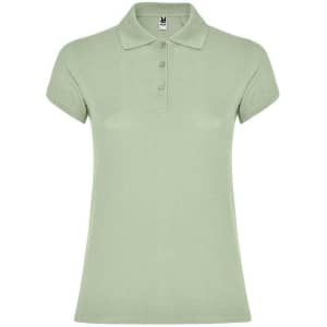 A women's polo shirt in a soft green colour with a collared neck and three buttons. It features a logo on the label.