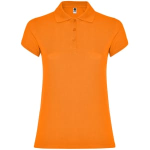 An orange women's polo shirt with a collar and five buttons, featuring a logo on the chest.