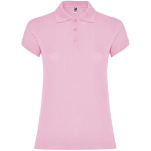 A pink women's polo shirt featuring a collar and short sleeves. The shirt has a small logo on the label.