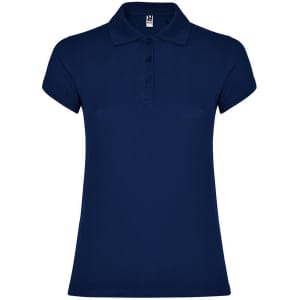 A navy women's polo shirt with a classic collar and short sleeves, featuring a logo.