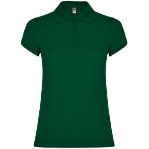 A green women's polo shirt with a collar and three buttons, featuring short sleeves and a logo.