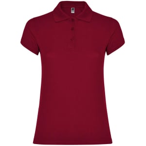 A maroon women's polo shirt with a relaxed fit and a collar, featuring a three-button placket and short sleeves.