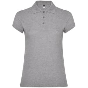 A women's polo shirt in grey, featuring short sleeves and a classic collar with a button placket. It has a logo on the label.