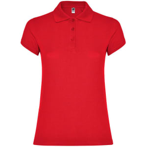 A red women's polo shirt with a collar and three buttons, featuring a logo on the chest.