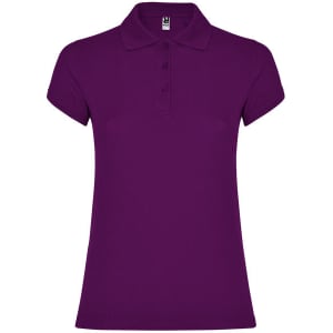 A purple women's polo shirt with a classic collar and three-button placket, featuring a logo.