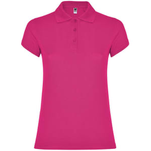 A pink women's polo shirt with a collar and short sleeves, featuring three buttons and a branding logo.