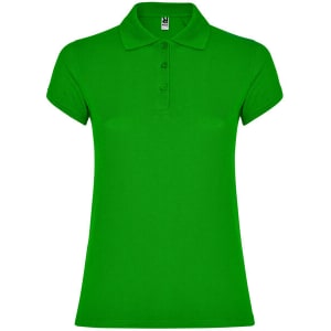 A green women's polo shirt with a collared neckline and a logo on the chest area.