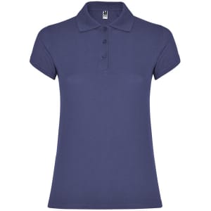 A navy women's polo shirt featuring a classic collar and three-button placket, with a branded logo.