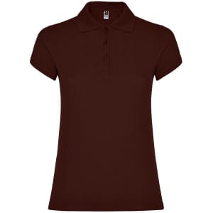 A brown women’s polo shirt featuring a classic collar and button placket. Includes branding on the garment.