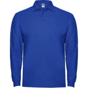 A blue long sleeve polo shirt featuring a collar and a logo on the label.
