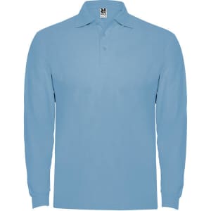 A long sleeve polo shirt in light blue with a collar and logo on the label.