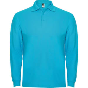A long sleeve polo shirt in a vibrant turquoise colour with a collar and a logo on the label.