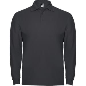 A long sleeve polo shirt in dark grey, featuring a classic collar and a logo on the label.