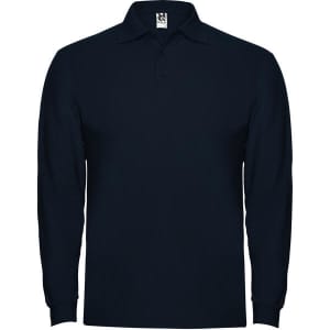 A navy long sleeve polo shirt with a collar and a logo on the chest.