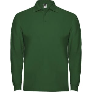 A green long sleeve polo shirt featuring a collar and a logo on the label.