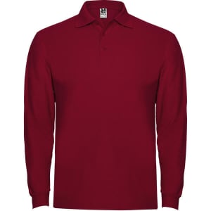 A maroon long sleeve polo shirt featuring a classic collar and a logo on the upper area.
