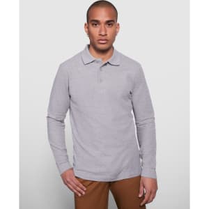 A long sleeve polo shirt in grey, featuring a collar and a logo on the chest.