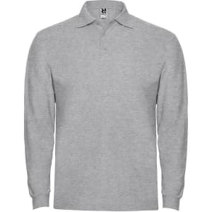 A grey long sleeve polo shirt with a collar and a logo on the chest.