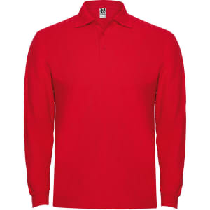 A red long sleeve polo shirt featuring a collar and an embroidered logo.