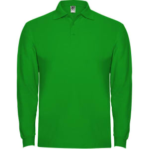 A green long sleeve polo shirt featuring a collar and a logo on the neckline.
