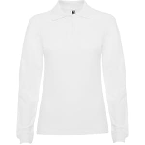 A white long sleeve polo shirt with a collar and a logo on the chest.
