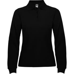 A long sleeve polo shirt in black featuring a collared neckline and a fitted silhouette. It has a logo on the chest.