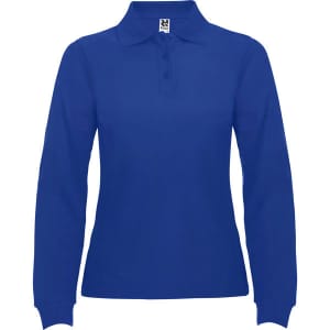 A blue long sleeve polo shirt for women with a collar and three buttons, featuring a branding logo.