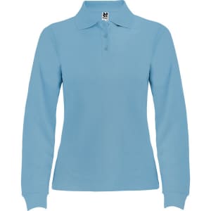 A light blue long sleeve polo shirt for women with a collar and buttons, featuring a logo on the label.