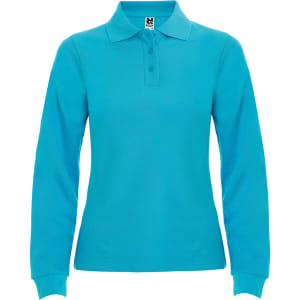 A women's long sleeve polo shirt in bright turquoise with a collar and three buttons, featuring a logo.