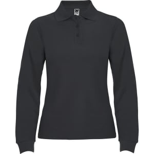 A long sleeve polo shirt in black featuring a collar and a logo on the chest area.