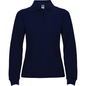 A navy long sleeve polo shirt for women, featuring a collar and three buttons, with a logo on the label.