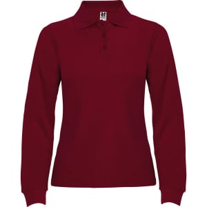 A burgundy long sleeve polo shirt for women featuring a classic collar and buttoned placket, with a logo present.