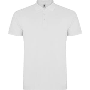 A white polo shirt with a collar and three buttons, featuring a branding logo.