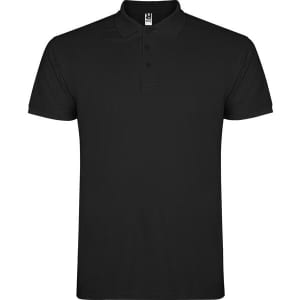 A black polo shirt featuring a classic collar and three buttons, with a logo on the front.