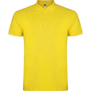 A yellow polo shirt featuring a collar and three buttons, with a branded label at the neck.