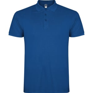 A blue polo shirt featuring a collar and three buttons, with a logo on the neckline.