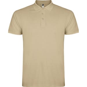 A beige polo shirt with a classic collar and three buttons, featuring a logo on the label.