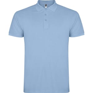 A light blue polo shirt with a collar and three buttons, featuring a branding logo.