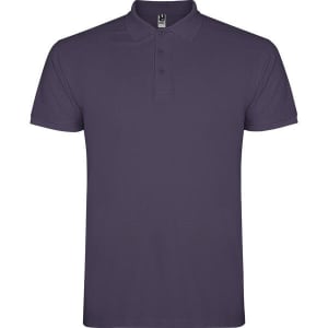 A purple polo shirt featuring a collared neck and three-button placket. It has a branded logo on the label.